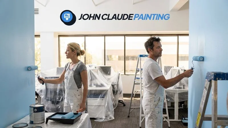 Commercial painter applying low-VOC paint in Phoenix office building with protective sheeting over desks