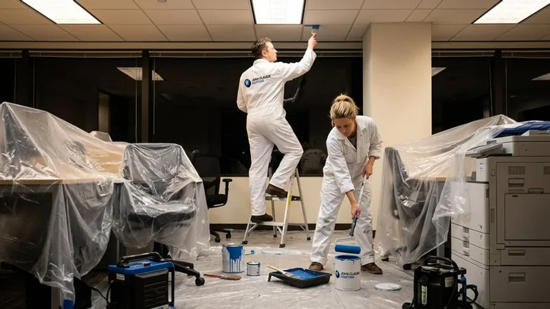Commercial painters working after hours to minimize business disruption