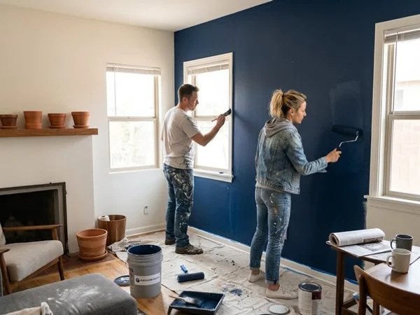 Stunning living room interior with freshly painted accent wall in deep navy blue contrasting with warm white walls in Phoenix home