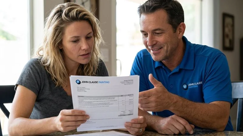 Professional painter presenting detailed written estimate to homeowner at kitchen table in Phoenix home