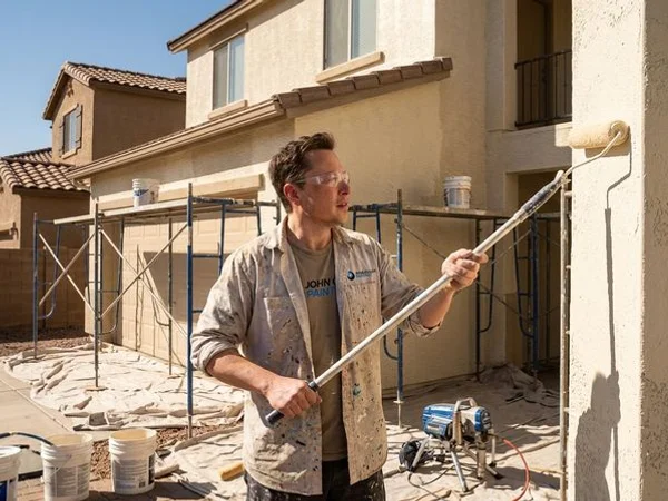 Professional painter on scaffolding applying UV-resistant paint to a two-story Phoenix home exterior with stucco siding
