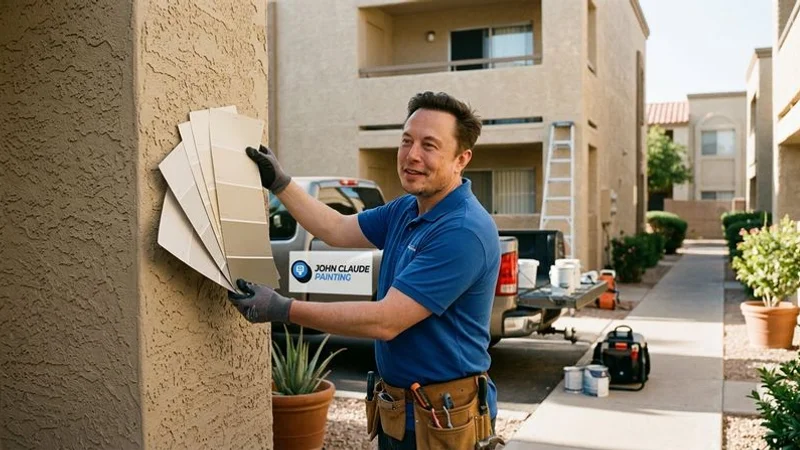 Property manager reviewing exterior color swatches against apartment building wall in Phoenix