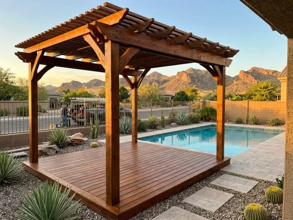 Freshly stained and sealed wooden pergola and deck in a Phoenix backyard with pool and desert mountain view in background